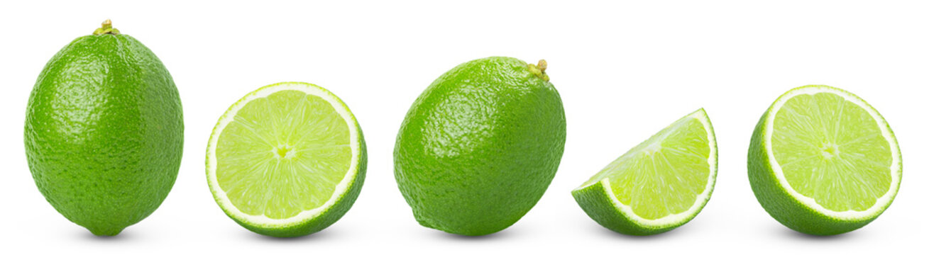 Fresh natural lime fruit, half and slice of lime isolated on white background set, collection. Isolated limes.