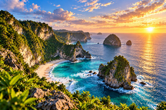 Tropical Coastline with Turquoise Water, Limestone Cliffs and Golden Sunset