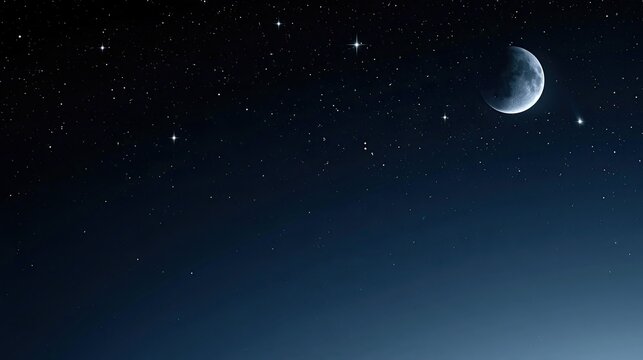Deep night sky with stars and crescent moon, vast cosmic star field, dark blue gradient astronomy background