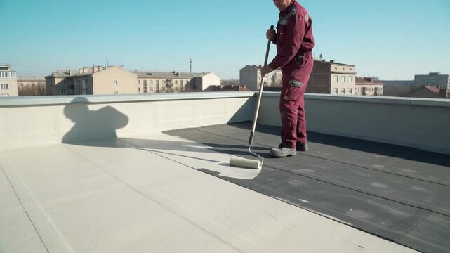 Roofer Using a Paint Roller to Apply White Waterproofing Coating to a Flat City Roof