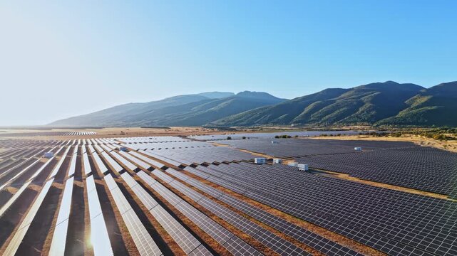 Rows of solar panels are set up in a large field under bright sunlight. The mountains are visible in the background with a clear sky.