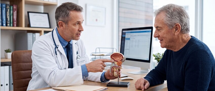 M&eacute;dico apontando para modelo anat&ocirc;mico da pr&oacute;stata durante consulta com paciente