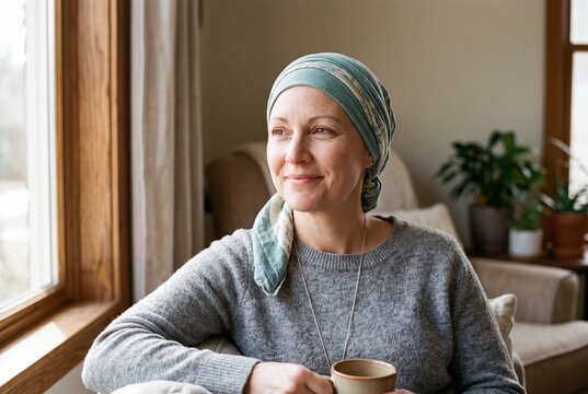 Mulher esperan&ccedil;osa com len&ccedil;o na cabe&ccedil;a ap&oacute;s quimioterapia, sorriso gentil, espa&ccedil;o para texto