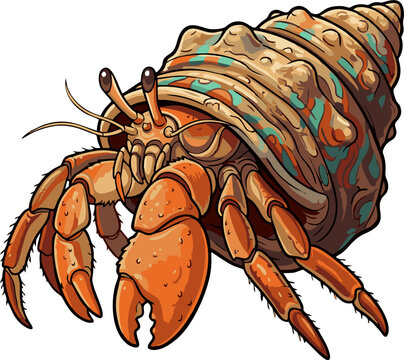 Hermit Crab Carrying a Decorated Spiral Seashell with Vibrant Orange Claws and Eyestalks