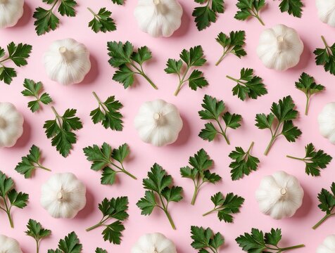 Fresh garlic cloves, green parsley leaves create seamless pattern on pastel pink background. Organic culinary ingredients spread across surface. Raw vegetable herbs for cooking, healthy food