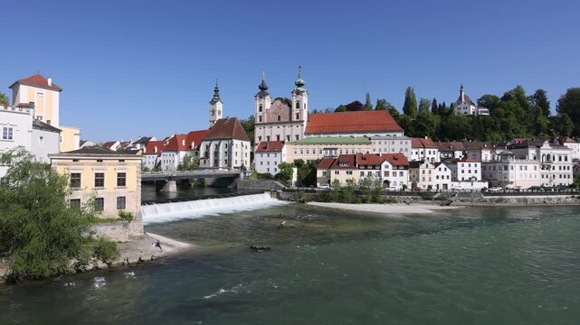 River mouth of the Steyr into the Enns with B&uuml;rgerspitalskirche and Michaelerkirche, Steyr, Upper Austria, Austria