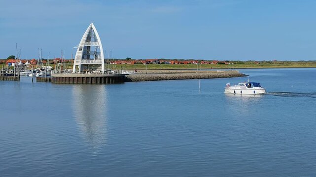 Yacht, observation tower, landmark, Juist island, East Frisian island, East Frisia, Lower Saxony, Germany