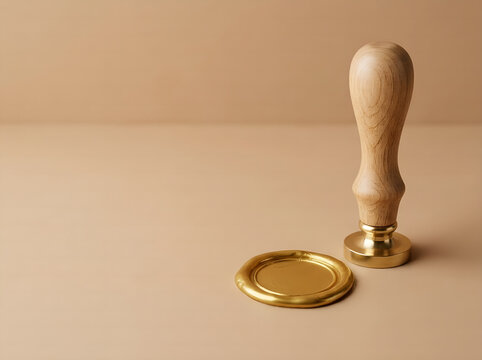 Sello de lacre de oro y cu&ntilde;o de madera sobre fondo beige, concepto de autenticidad legal, contratos notariales, certificaci&oacute;n de documentos y espacio de copia