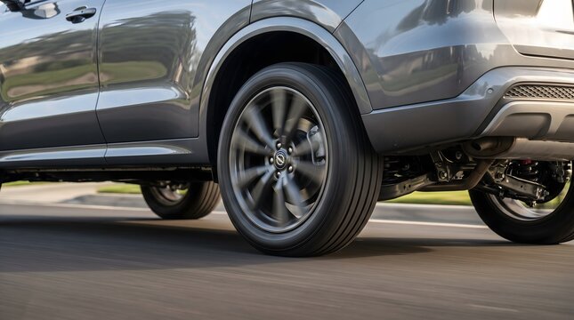 A grey sport utility vehicle cruises down a paved road while the rotating alloy wheels create a dynamic sense of rapid motion during an afternoon journey across the suburban landscape