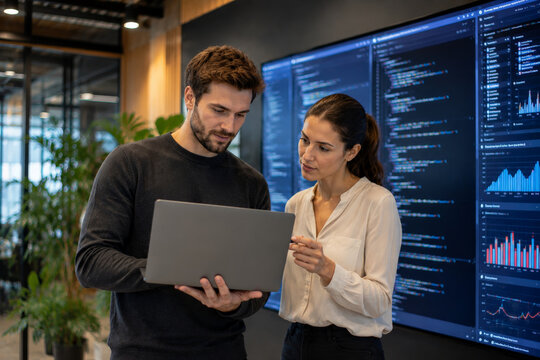 Two software developers discussing code on laptop in modern office with data screens