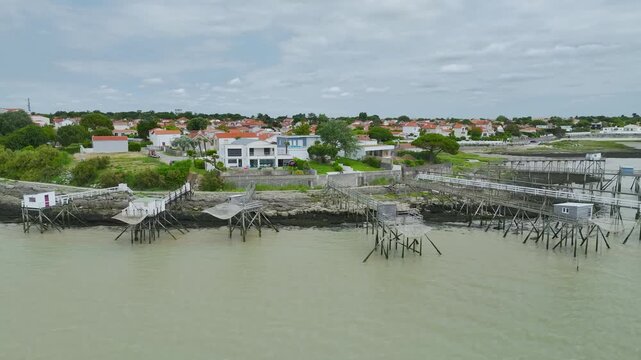 Fishing huts over Randonnee entre Histoire et Nature from a drone, Fouras, Fouras-les-Bains, Charente-Maritime, Nouvelle-Aquitaine, France