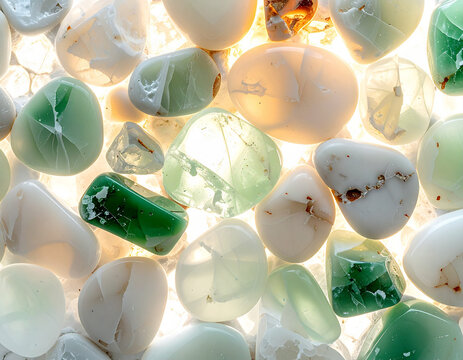 光を透過するカラフルなビーチグラスのマクロ撮影/Close-up of translucent colorful beach glass with bright light