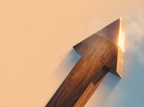 Flecha de madera de nogal con punta de oro apuntando hacia arriba, concepto creativo de crecimiento financiero, &eacute;xito empresarial, inversiones y espacio de copia
