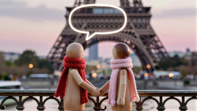 Two wooden figures hold hands, scarves wrapped, speech bubble above Eiffel Tower.