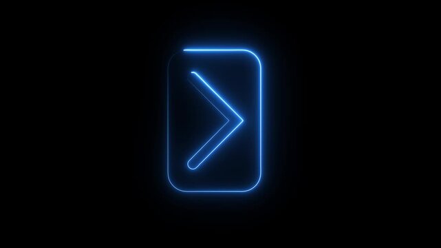 Neon blue arrow icon inside rounded rectangular border glowing on dark black background.