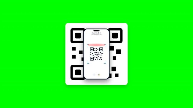 A QR code scanning smartphone digital display over a green screen chroma key background for modern technology concepts