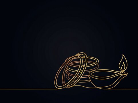 Diwali festive illustration: gold line art bangles and diya on black background with space for greetings