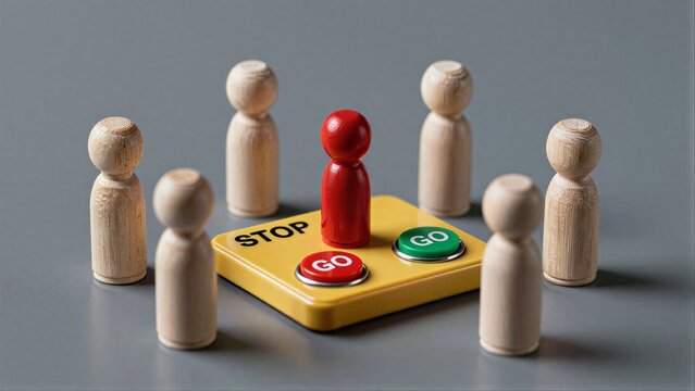 Red figure commands stop/go, surrounded by wooden peers on a reflective surface.