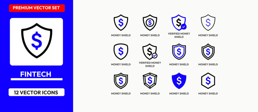Blue and black vector icons set for money shield perfect for finance security and technology.