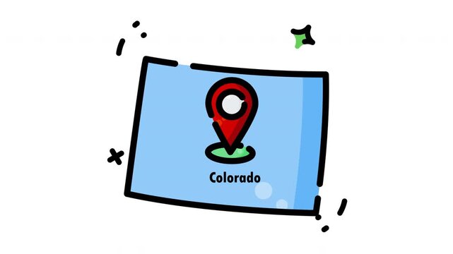 Animated Colorado map location pin symbol highlights the states distinctive shape and identity, ideal for travel guides, tourism branding, and navigation.