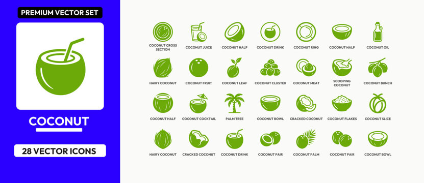Green vector icons set for coconut fruit perfect for tropical food and drink themes.