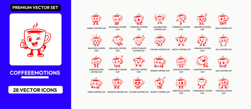Red vector icons set for coffee cup emotions perfect for cafe social media and blogs.