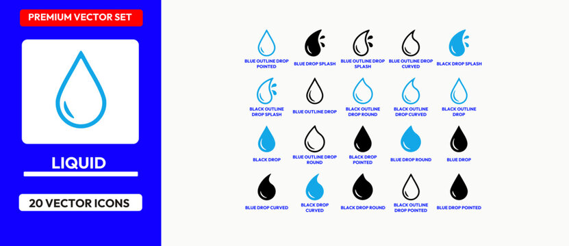 Blue and black vector icons set for liquid drop perfect for water science and environment themes.