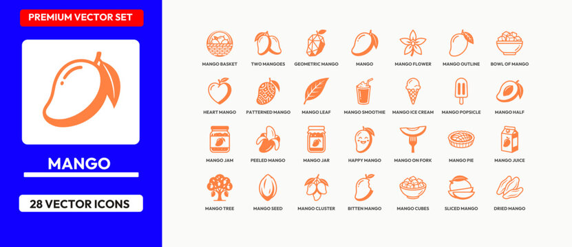 Mango fruit vector icons set with various styles and uses for tropical designs.