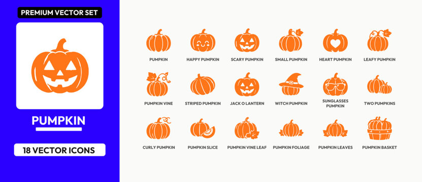 Pumpkin vector icons set with various facial expressions and seasonal elements.