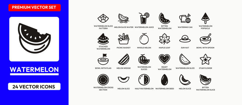 Watermelon vector icons set with various slices and related summer elements.