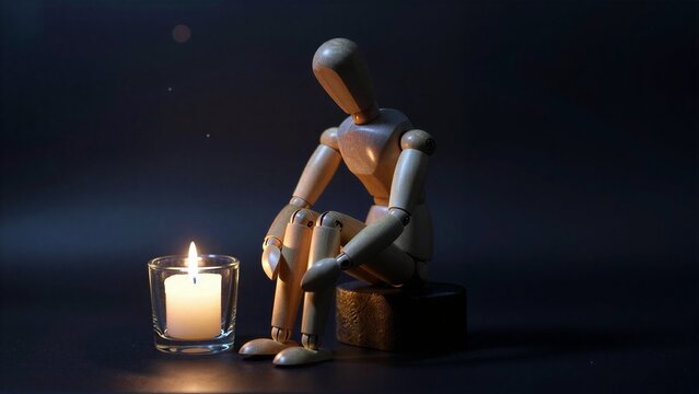 Wooden figure sits beside glowing candle on dark stool, bathed in warm light.