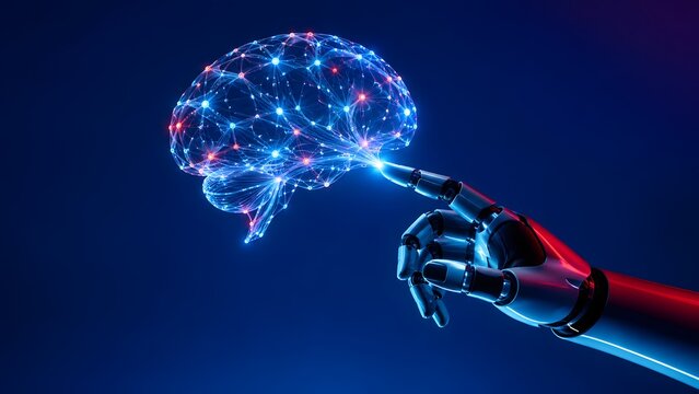 Robotic hand touching glowing digital brain neural network representing artificial intelligence cognitive computing innovation