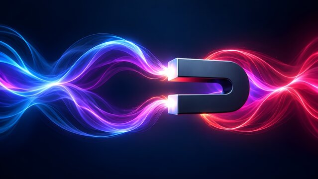 Metallic horseshoe magnet attracting glowing neon light waves on dark background for lead generation customer retention concept