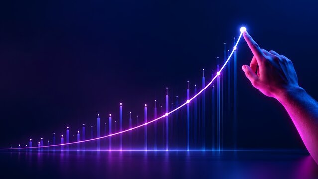 Human hand touching glowing peak of rising neon financial chart symbolizing exponential business growth investment success