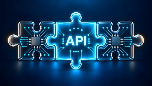 Three glowing blue jigsaw puzzle pieces with microchips connecting to central API symbol representing software system integration