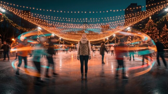 Woman standing still on ice skating rink at night with blurred light trails, capturing mindfulness and inner peace amidst holiday bustle for mental health and winter lifestyle design.