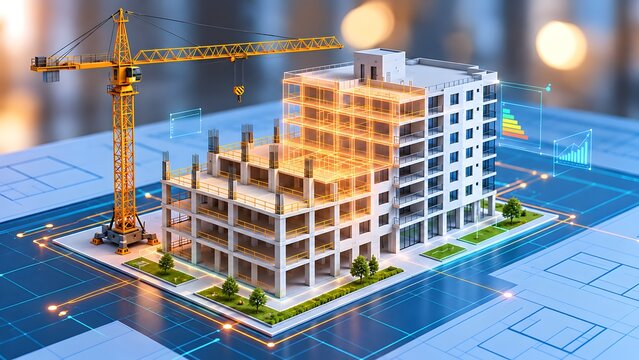 Building construction model transitioning from concrete framework with crane through glowing wireframe to finished architecture