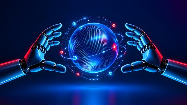 Two robotic hands surrounding glowing blue digital sphere with orbiting particles representing artificial intelligence control