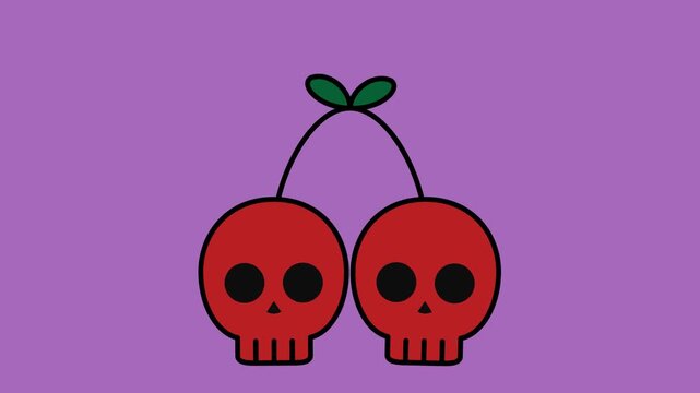 Cute Skull Cherries with Green Leaves on Purple Background.