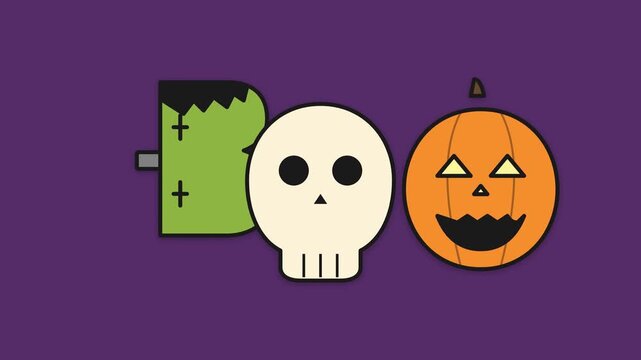 Halloween Boo Text Design with Frankenstein Skull and Pumpkin.