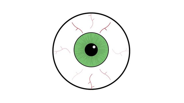 Close up of a cartoon eyeball with green iris and black pupil.