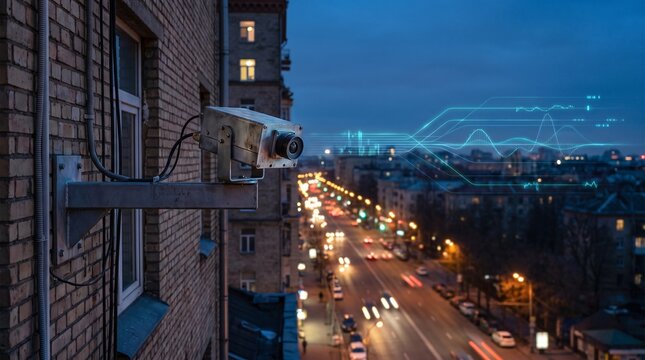 Security camera monitoring urban city street traffic at night with