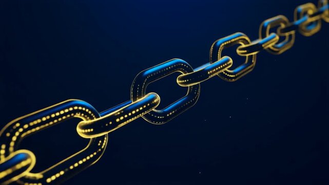 Blockchain concept glowing golden and blue 3D chain links connecting in a long chain on dark background, technology and security animation with copy space