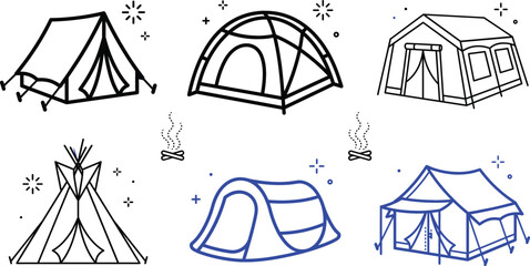 Camping tent vector icon set featuring tourist shelters teepee dome cabin outdoor adventure equipment © md