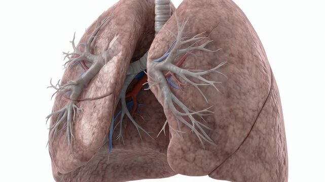 Human lungs anatomical 3d model rotating slowly on white background for medical education and science illustration