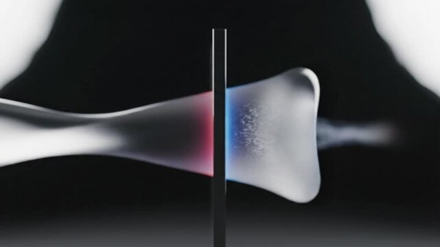 Minimalist quantum particle tunneling visualization showing smooth energy wavepacket passing through monolithic barrier with rainbow glow against dark negative space.   