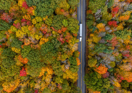 Aerial view of route 202 in Pelham, Massachusett, close to peak fall foliage 