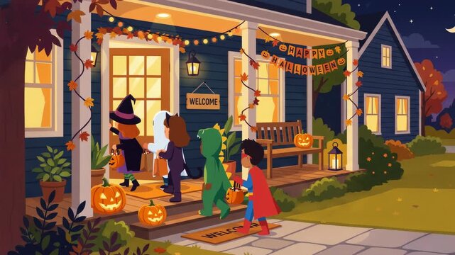 Children trick or treating in Halloween costumes walking up front porch steps for holiday celebration