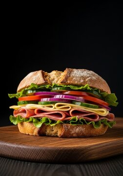 A multi-layered gourmet sandwich rests on a rustic wooden board, illuminated by dramatic high dynamic range lighting and organic details, light, kitchen, vivid