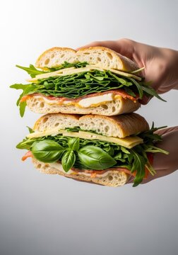 A gourmet toasted ciabatta sandwich filled with vibrant greens and melted cheese is held firmly against a clean, minimal studio backdrop, toasted, clean, deli